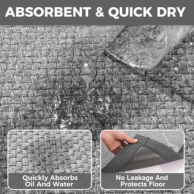 Kitchen Rugs Mat Non Slip Washable, 0.4" Thick Anti Fatigue Cushioned Kitchen Mats for Floor, Absorbent Jute-Look Kitchen Runner Rug Sink Mat Laundry Standing Mats, Easy Clean, Gray 17"x47"