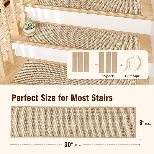 Chenille Stair Treads Non Slip 15pcs Stair Runner for Wooden Steps Rubber Backing Stairs Carpet Treads Indoor Staircase Covers Mat with Rubber Backing for Pets and Kids 8"X30" Beige