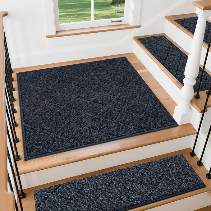 COSY HOMEER Stair Landing Rugs Non-Slip Corner Indoor Edging Stair Treads for Wooden Steps,Washable Soft Stair Landing Mat for Kids,Elder and Dogs,Polyester,TPE Backing,Navy,30x30inch