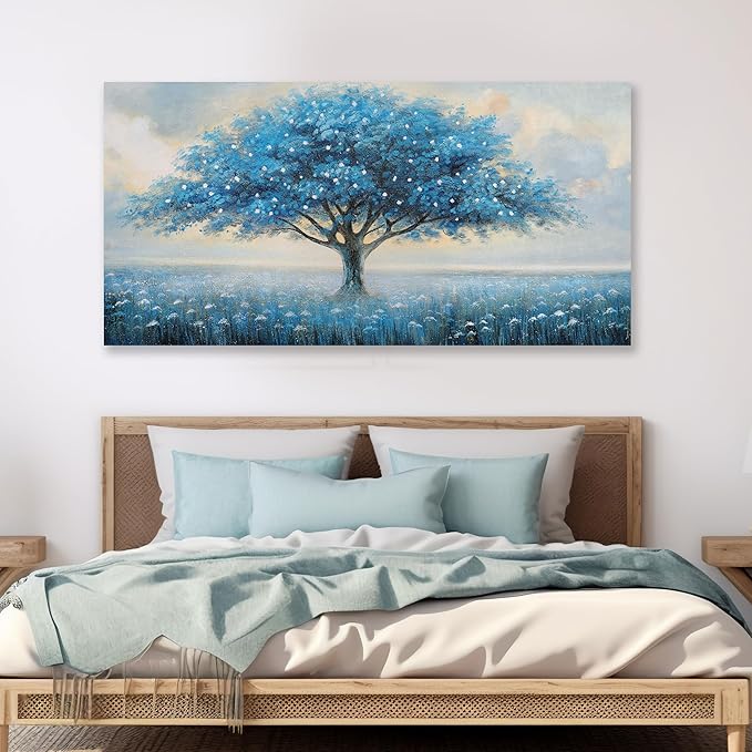 Glvzygy Blue Tree of Life Wall Art Abstract Modern Artwork Canvas Painting Textured Tree Pictures Wall Decor Home Decor Wall Ready to Hang for Bedroom Living Room Size 24"x48"
