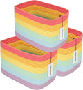 3-Pack Rainbow Storage Baskets 15X10X9.3“ – Woven Toy Organizer Bins for Kids, Baby Room, Nursery, and Classroom – Cute Square Rope Baskets for Shelves and Organization Rainbow