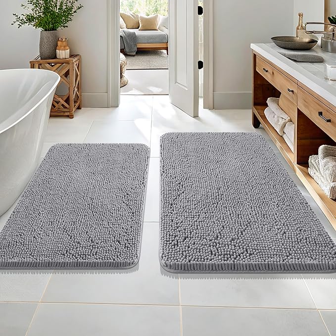 OLANLY Bathroom Rugs Sets 2 Piece, Soft Absorbent Chenille Bath Mats Area Rug Set, Non-Slip, Quick Dry, Machine Washable Bath Mats for Bathroom, Home Decor Accessories (36"x24"+30"x20", Grey)