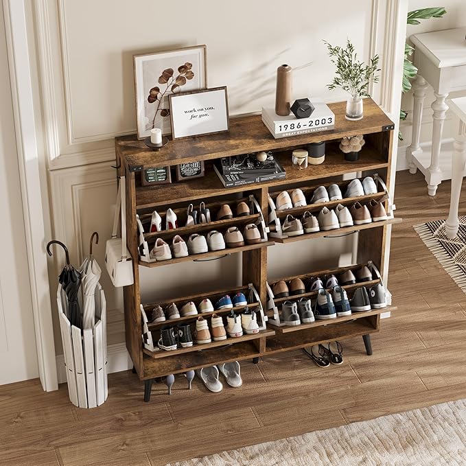 Shoe Cabinet with 4 Flip Drawers,Farmhouse Shoe Storage Cabinet for Entryway,Narrow Freestanding Organizer Rack with Open Shelves for Foyer,Hallway,Brown