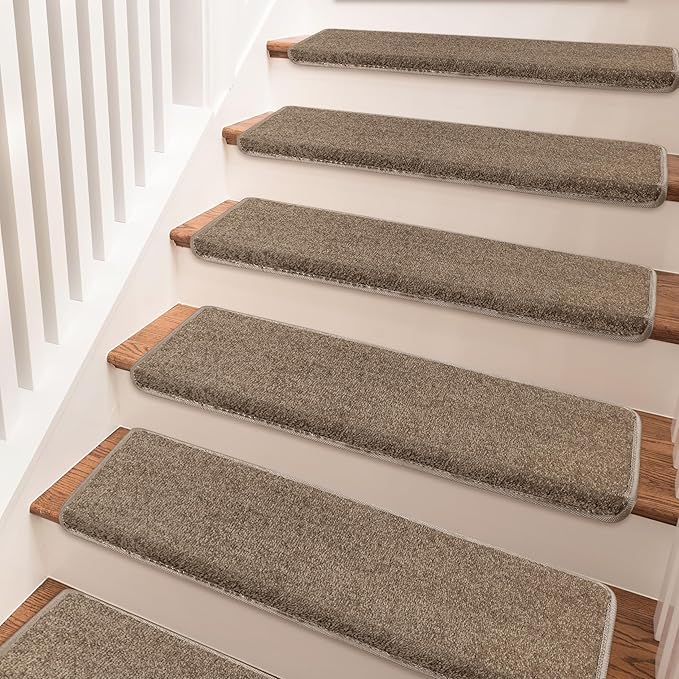PURE ERA Bullnose Carpet Stair Treads Set Tape Free Non-Slip Indoor Stair Protectors Pet Friendly Rugs Covers Soft Skid Resistant Washable Reusable 9.5" x 30"(7 Pieces, Camel Brown)