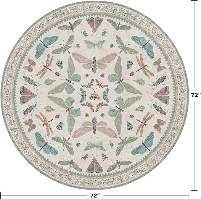 Green and Blue Insect 6ft Round Soft Rugs for Nursery, Bedroom Beside Bed - Non Skid Rug Low Pile Washable Living Room Rugs, Forest Butterfly Design Stain Resistant Home Décor