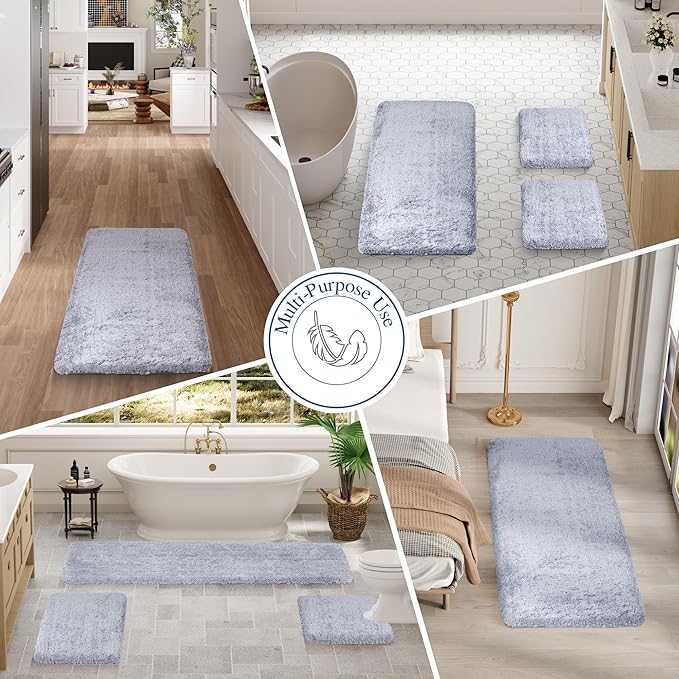 Walensee Non Slip Bath Mat - Soft Microfiber Shaggy Mat (16 x 24, Growing Blue) Water Absorbent, Machine Washable, Thick Plush for Shower