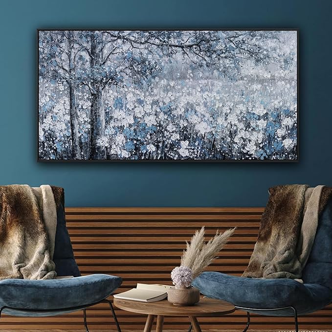 Wall Art Framed Artwork Blue And Gray White Tree Flower Landscape Decor Modern Canvas Wall Prints Abstract Wall Decor Suitable For Bedroom Apartment Office Wall Decor Can Be Hung 24"X48"