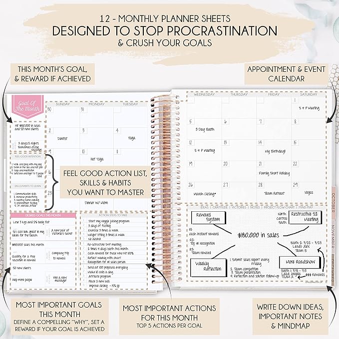 Manifestation Journal – Hourly, Weekly & Monthly Planner | 12-Month to Increase Productivity, Life Organizer & Goal Planner | Spiral Journal, Habit Tracker, Foldable Vision Board, Gift Box & Stickers