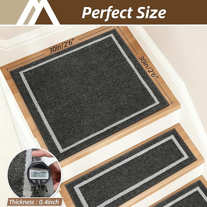 COSY HOMEER Stair Landing Rug 30x30 Inch, Non-Slip Square Landing Mat for Wood Steps Indoor, Washable Polyester with TPE Backing, Black