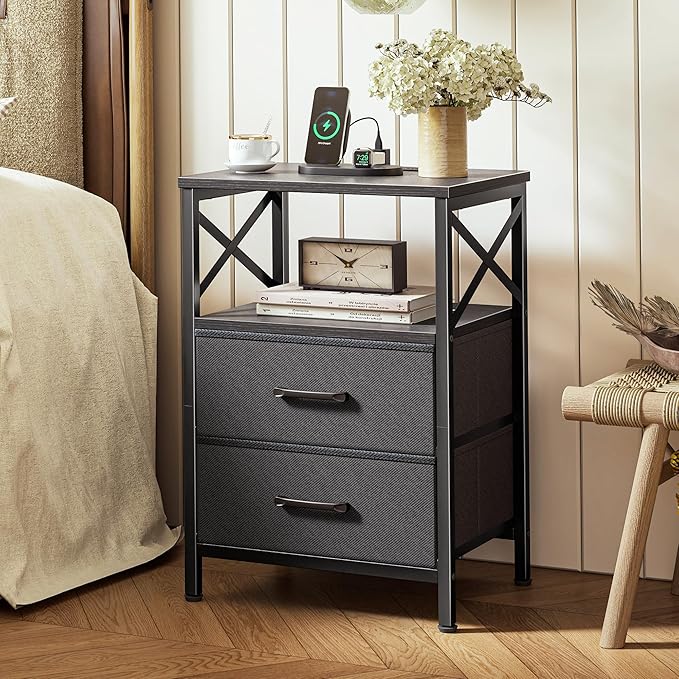 Huuger Nightstands Set of 2, Night Stand with Charger Station, 2 Drawer Side Table with Open Shelf, USB-C Port, End Table for Small Spaces, X Shaped Side Rail, Black