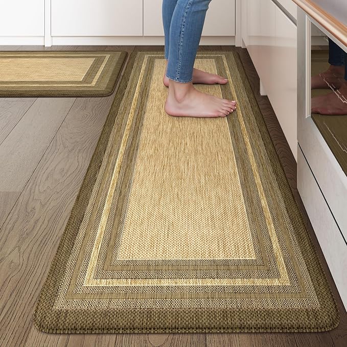 KIMODE Anti Fatigue Kitchen Mat, Cushioned Boho Kitchen Rugs Sets of 2, Non Slip Farmhouse Kitchen Mats for Floor, Waterproof Standing Desk Mats for Laundry Office Sink Brown/Khaki 20"x47"+20"x32"