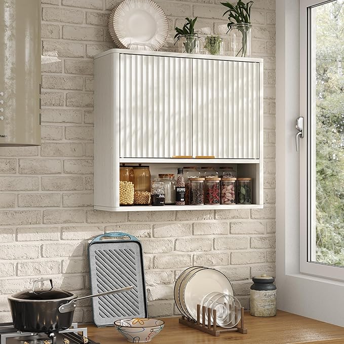 Furnideco Bathroom Medicine Cabinet with Fluted Doors, 3-Tier Modern Wall Cabinet Over Toilet, Small Hanging Storage Cabinet for Bathroom, Antique White