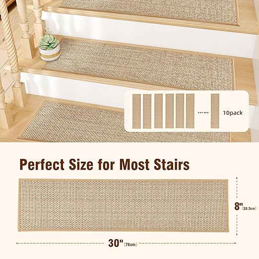 Chenille Stair Treads Non Slip 10pcs Comfortable Stair Runner for Wooden Steps Rubber Backing Stairs Carpet Treads Indoor Staircase Covers Mat with Rubber Backing for Pets Kids 8"X30" Beige