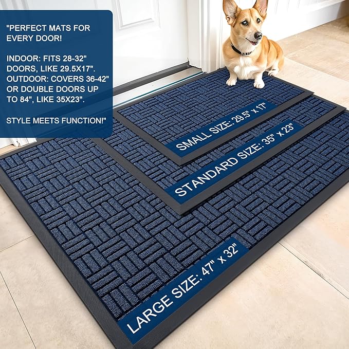 OLANLY Front Door Mat Outside Entrance 47x23, Absorbent, Heavy Duty Sturdy Natural Rubber Doormat Indoor Outdoor, Non-Slip, Stain and Fade Resistant, Low Profile Floor Mat for Entryway, Navy Blue