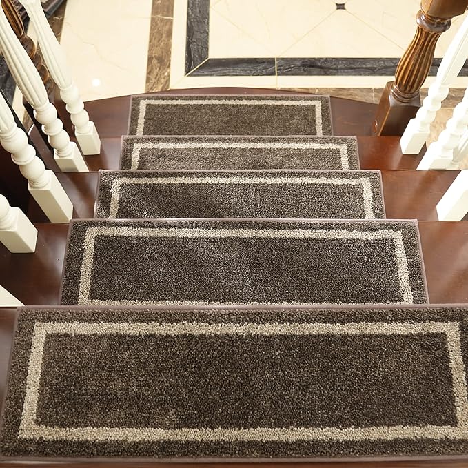 COSY HOMEER Soft Stair Treads Non-Slip Carpet Mat 28inX9in Indoor Stair Runners for Wooden Steps,Stair Rugs for Kids and Dogs, 100% Polyester TPE Backing 4pcs,Brown,Square