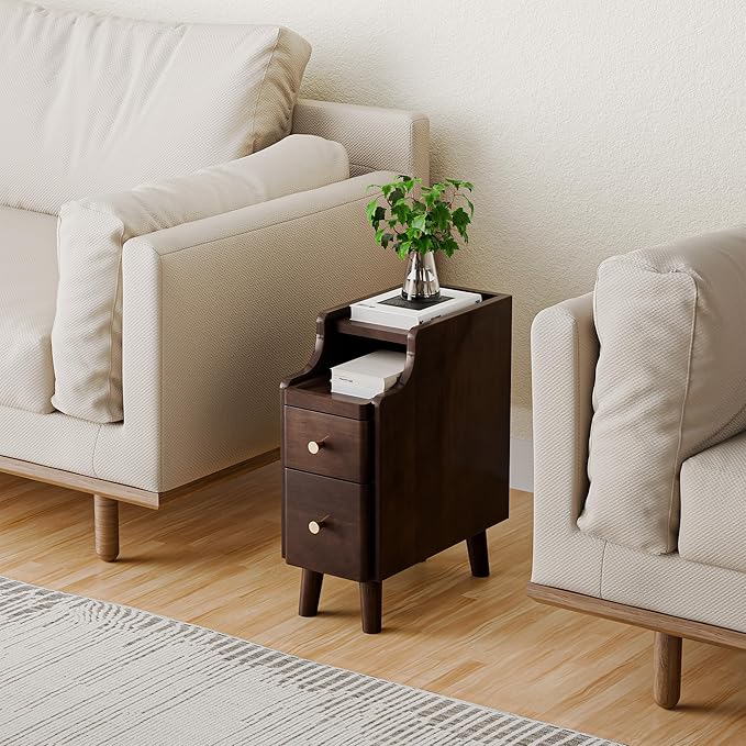 Narrow Nightstand with Drawers, Pre-Assembled Solid Wood Small Skinny Night Stand with Open Sliding Shelf Slim Bedside Table for Bedroom, Slim Side Table (2, Black Walnut, 8")