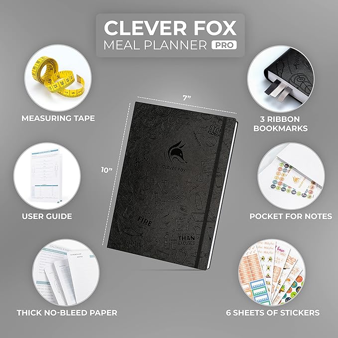 Clever Fox Meal Planner PRO – Weekly Meal Prep Journal with Grocery List & Weigh Loss Tracker – Diet, Fitness & Welness Log Book – Nutrition Diary Notebook – Lasts 12 Months, 7x10” (Black)