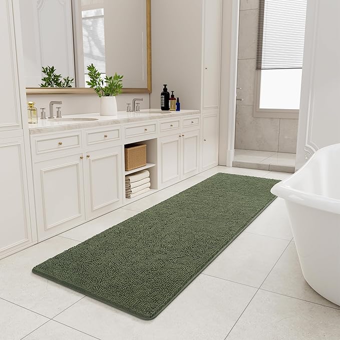 LOCHAS Luxury Bathroom Rug Shaggy Bath Mat 24 x 80 Inch, Washable Non Slip Bath Rugs for Bathroom Shower, Soft Plush Chenille Absorbent Carpets Mats, Olive Green