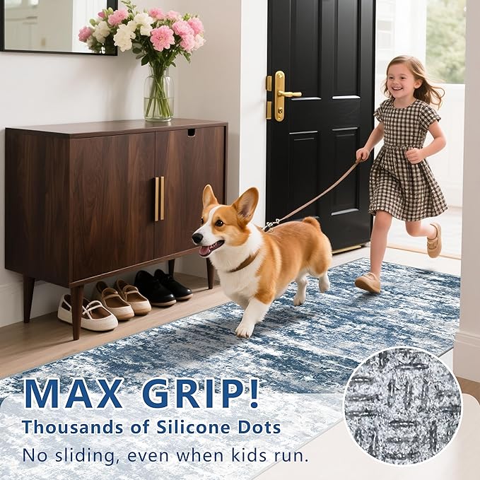 Kitchen Rugs Ultra Non-Slip 2.6x8 Washable Runner Rug Abstract Tear and Stain Resistance No Pile Lightweight Runners for Entryway, Hallway, Walkway, Bedside, Entrance, Blue