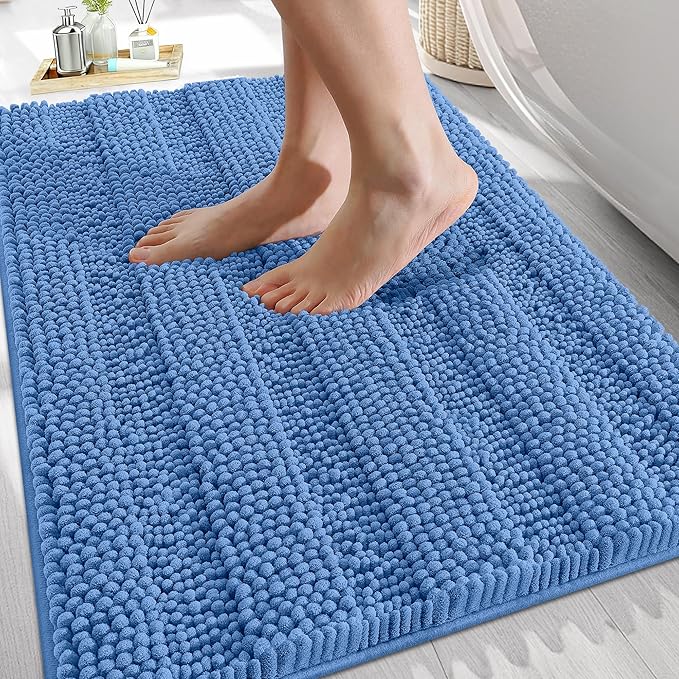 OLANLY Thick Bathroom Rugs 30x20, Extra Soft Absorbent Chenille Striped Bath Rugs, Rubber Backing, Machine Wash, Bath Mats for Bathroom Floor, Tub and Shower, Home Decor Accessories, Cornflower Blue