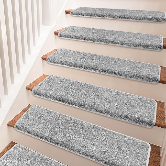 PURE ERA Bullnose Carpet Stair Treads Set Tape Free Non-Slip Indoor Stair Protectors Pet Friendly Rugs Covers Soft Skid Resistant Washable Reusable 9.5" x 30"(7 Pieces,Light Gray)