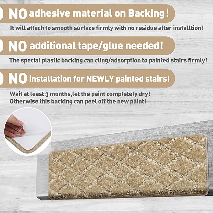 PURE ERA Bullnose Carpet Stair Treads Set Tape Free Non-Slip Indoor Stair Protectors Pet Friendly Rugs 9.5" x 30"(7 Pieces,Khaki Diamond Trellis)