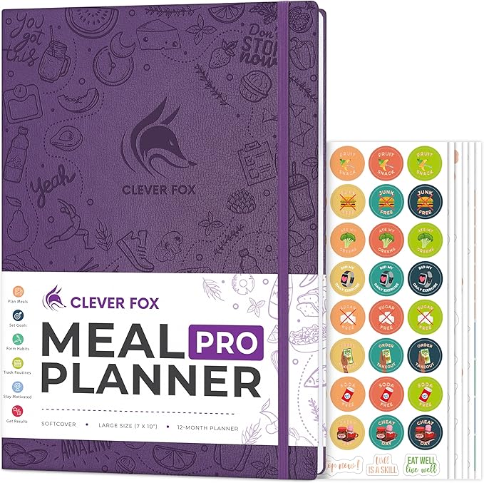 Clever Fox Meal Planner PRO – Weekly Meal Prep Journal with Grocery List & Weigh Loss Tracker – Diet, Fitness & Welness Log Book – Nutrition Diary Notebook – Lasts 12 Months, 7x10” (Purple)