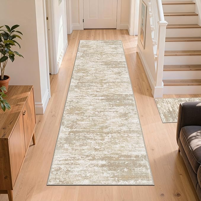 Kitchen Rugs Ultra Non-Slip 2.6x8 Washable Runner Rug Abstract Tear and Stain Resistance No Pile Lightweight Runners for Entryway, Hallway, Walkway, Bedside, Entrance, Beige/Yellow