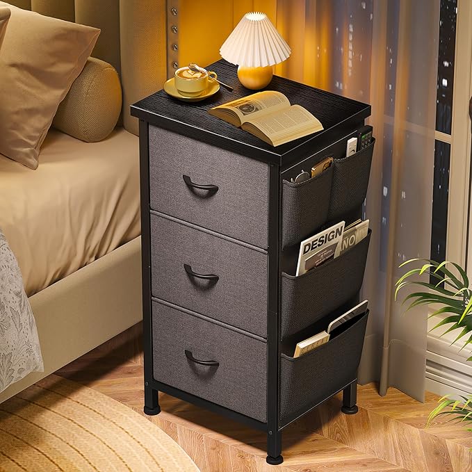 Tall Nightstand, Night Stand with Drawers for Bedroom, Bedside Table with Wooden Top, Sturdy Steel Frame End Table, Dorm Nightstand for Bedroom, Entryway, Hallway, Closet, Cloth Bags, Hooks, Grey