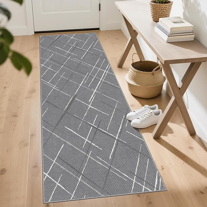 Modern Line Washable Runner Rug 2x6, Gray Non-Slip Hallway Rug, Woven Non-Shedding Thin Runners for Entryway, Kitchen, Laundry Room