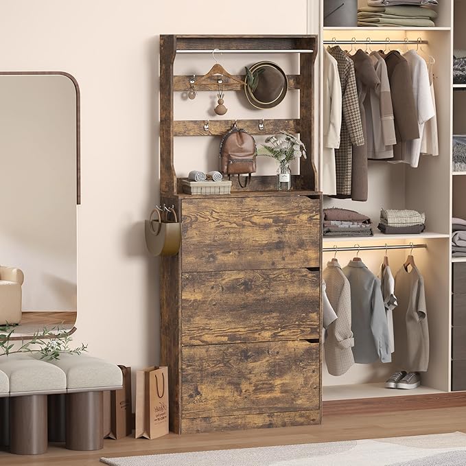 Tall Shoe Cabinet with Coat Rack, Hidden Shoe Storage Cabinet with Doors & Drawer, Hanging Bar & Hooks, Slim Narrow Freestanding Shoe Rack Organizer for Entryway, Hallway & Living Room, Brown