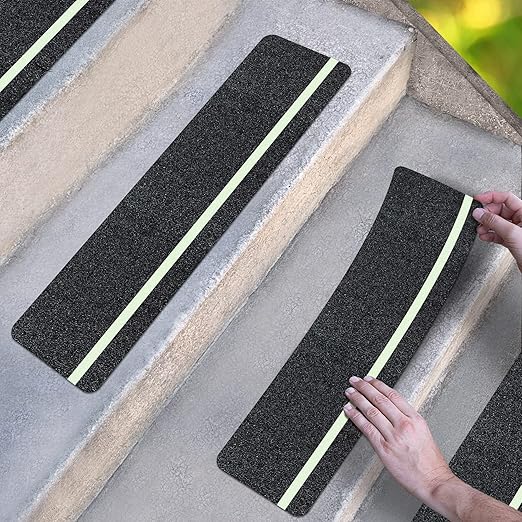 Anti Slip Traction Treads with Glow in Dark Stripe (10-Pack), 6" X 24", Best Grip Tape Grit Non Slip, Outdoor Non Skid Tape, High Traction Friction Abrasive Adhesive for Stairs Step