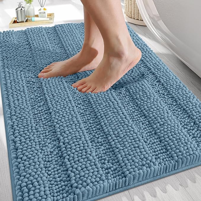 OLANLY Thick Bathroom Rugs 30x20, Extra Soft Absorbent Chenille Striped Bath Rugs, Rubber Backing, Machine Wash Dry, Bath Mats for Bathroom Floor, Tub and Shower, Home Decor Accessories, Airy Blue