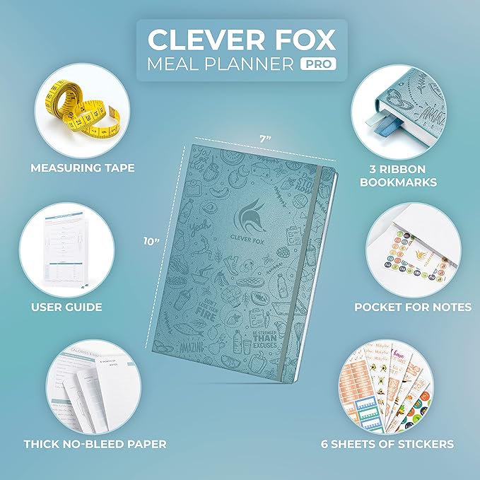 Clever Fox Meal Planner PRO – Weekly Meal Prep Journal with Grocery List & Weigh Loss Tracker – Diet, Fitness & Welness Log Book – Nutrition Diary Notebook – Lasts 12 Months, 7x10” (Aquamarine)