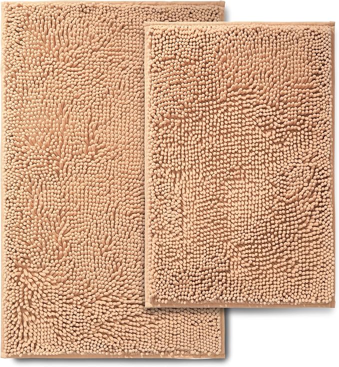 Bathroom Rugs 2 Piece Set – Absorbent, Non-Slip, Soft Chenille Bath Mat, Machine Washable, Comfortable Floor Mats (24"×17” & 20"×30”, Beige)
