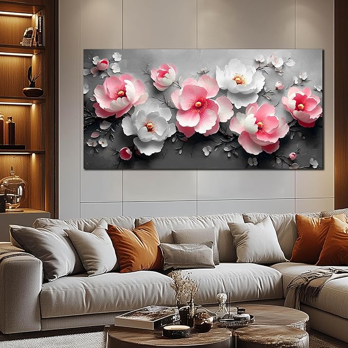Flower Canvas Wall Art for Living Room - Pink and White Room Decor for Women - Girls Bedroom Wall Decor Size 29" x 59"