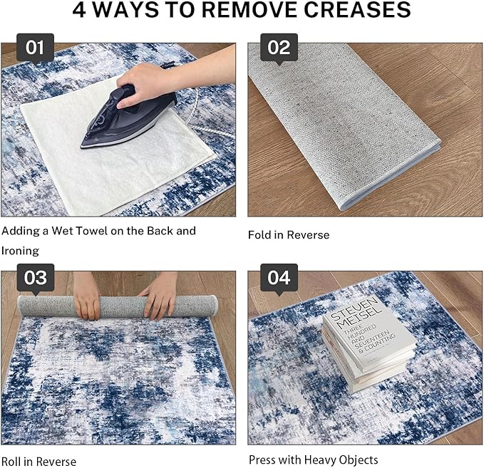 Modern Abstract Small Area Rug Indoor, Grey Navy Blue Multi 3x5 Washable Rug Non-Slip Soft Entryway Rug Kitchen Mats Thin Print Faux Wool Floor Carpet Colorful Throw Rugs for Entrance Bedroom