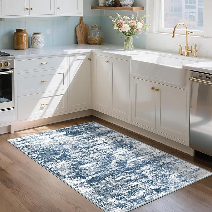 3x5 Area Rug Washable Entryway Rug Non Slip Abstract Tear and Stain Resistance No Pile Lightweight Throw Rugs Carpet for Kitchen, Entrance, Foyer, Bedside, Mudroom, Blue
