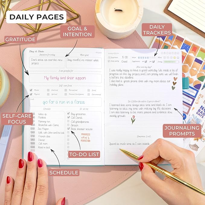 GoGirl Self-care Journal – Daily Mental Health Notebook with Mood & Wellness Trackers – Personal Development, Meditation & Reflection Journal for Women – Hardcover, Lasts 3 Months (Aquamarine)