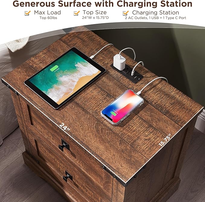 T4TREAM 24" Farmhouse Nightstand with Charging Station Set of 2, Large End Table with 2 Storage Drawers, Rustic Wood Sofa Bedside Table for Bedroom, Reclaimed Barnwood Color