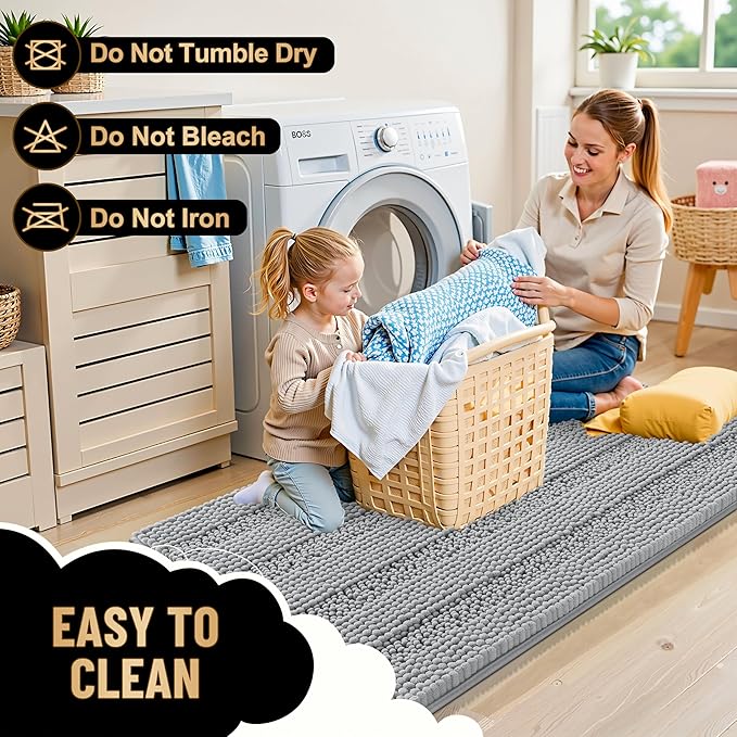 OLANLY Thick Bathroom Rugs 47x20, Extra Soft Absorbent Chenille Striped Bath Rugs, Rubber Backing, Machine Wash Dry, Bath Mats for Bathroom Floor, Tub and Shower, Home Decor Accessories, Light Grey
