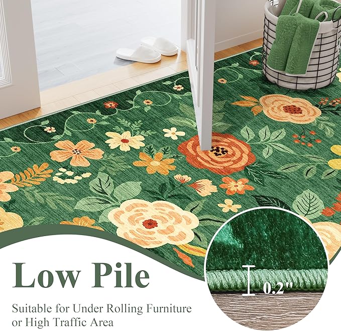 DUKINO 2x3 Rugs for Entryway, Floral Indoor Washable Door Mat, Non Slip Boho Small Rug for Kitchen, Soft Low Pile Front Door Throw Rug for Entrance, Bedroom, Kitchen, Laundry, Bathroom, Dark Green