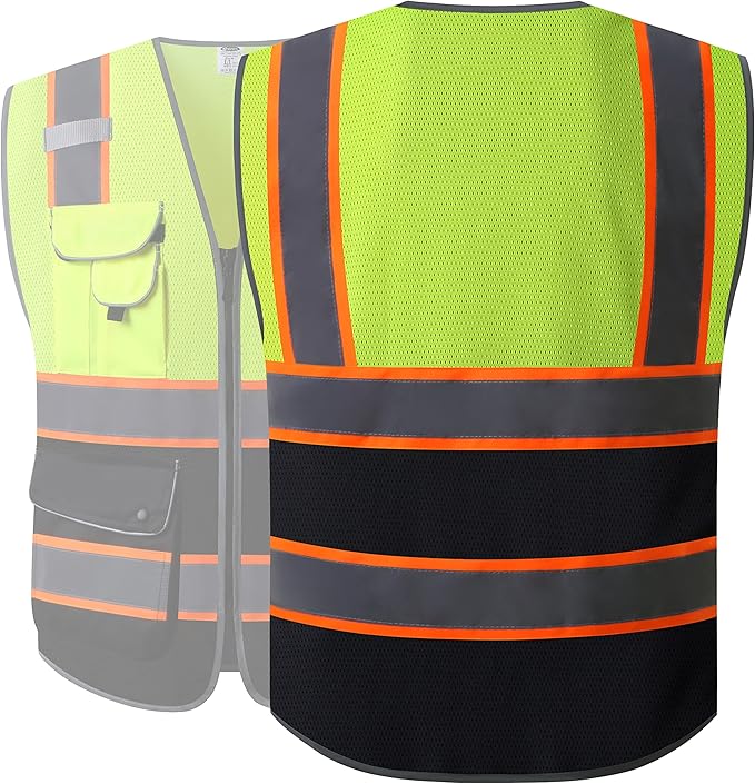 JKSafety 9 Pockets High Visibility Dual Color Zipper Front MESH Lite Safety Vest | Orange Color Triming Reflective Strip | ANSI/ISEA Standards (100-Yellow-Black, 3XL)