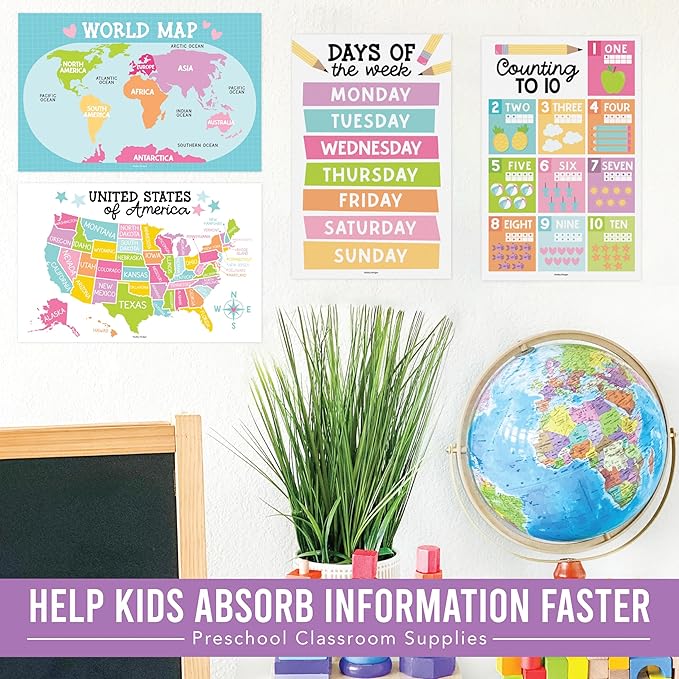 Hadley Designs 16 Educational Posters for Classroom Decor - Pastel Educational Posters for Toddlers 1-3, Toddler Learning Poster for Kids Ages 3-5, Kindergarten & Preschool Classroom Must Haves