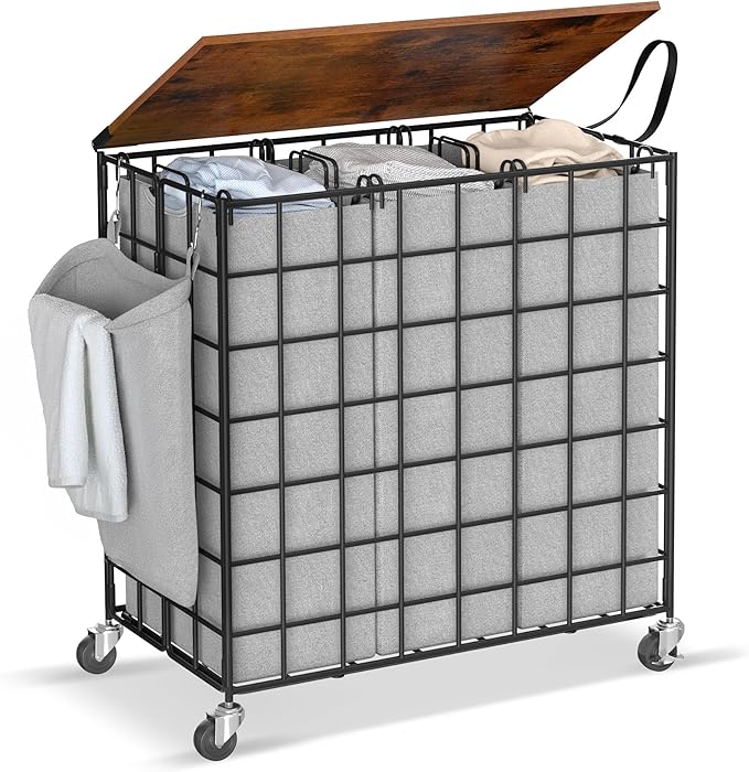 Laundry Basket with Wheels, Heavy Duty Laundry Sorter 3 Sections, 140L Large Capacity Laundry Hamper with Wood Lid, 360 Rolling Wheels, Extra Side Pocket, Leather Pull Handle (Grey)