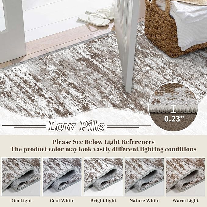 3x5 Area Rug Washable Entryway Rug Non Slip Abstract Tear and Stain Resistance No Pile Lightweight Throw Rugs Carpet for Kitchen, Entrance, Foyer, Bedside, Mudroom, Brown