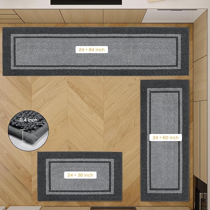 Kitchen Rugs 24" x 36", Non-Slip Machine Washable Kitchen Runner Rugs Floor Mats, Absorbent Comfort Standing Mats for Kitchen, Sink, Laundry and Hallway, Light Grey & Dark Grey