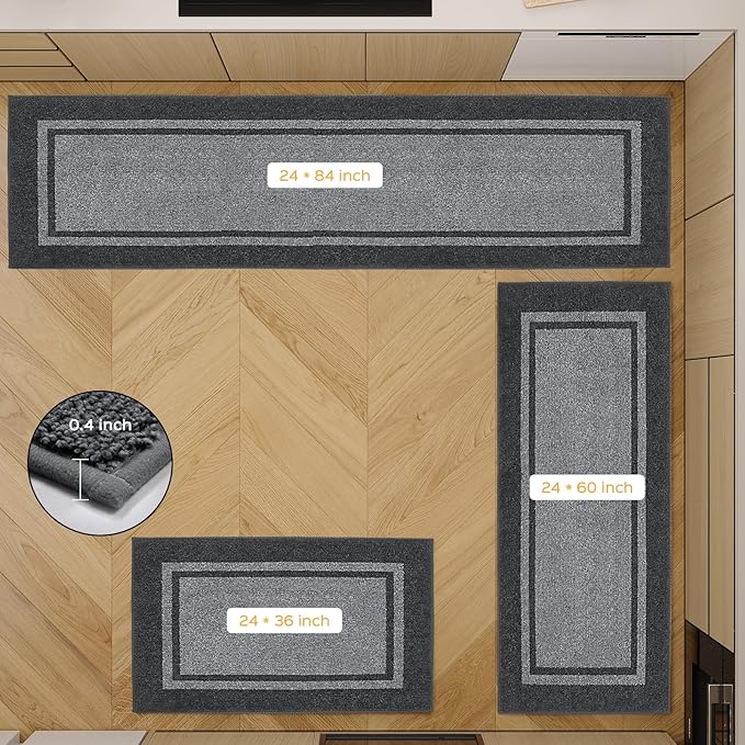 Kitchen Rugs Set (24" x 36"+24" x 60"), Non-Slip Machine Washable Kitchen Runner Rugs Floor Mats, Absorbent Comfort Standing Mat for Kitchen, Sink and Hallway, Rolled Packaging, Light Grey & Dark Grey