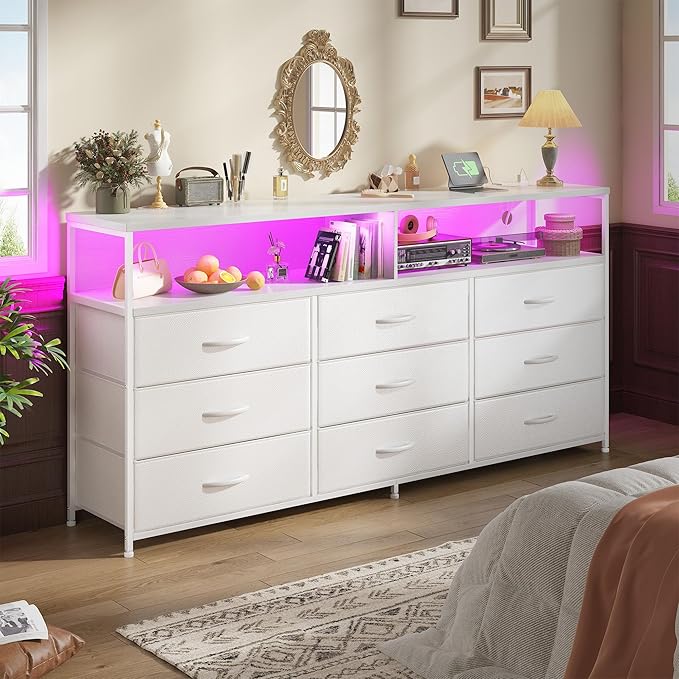 55" W White Dresser for Bedroom with 9 Drawers, LED TV Stand with Power Outlets for 45, 55, 65 Inch TV, Sturdy Long Chest of Drawers with Extra 2 Wooden Shelves, 55.1" W x 35.4" H x 11.8" D