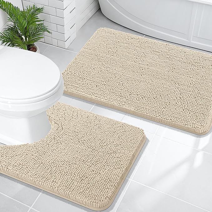 OLANLY Bathroom Rugs Sets 2 Piece, Soft Absorbent Chenille Bath Mats and U-Shaped Contour Toilet Mat Area Rug Set, Machine Washable Bath Carpet, Home Decor Accessories(30"x20"+24"x20", Sand)